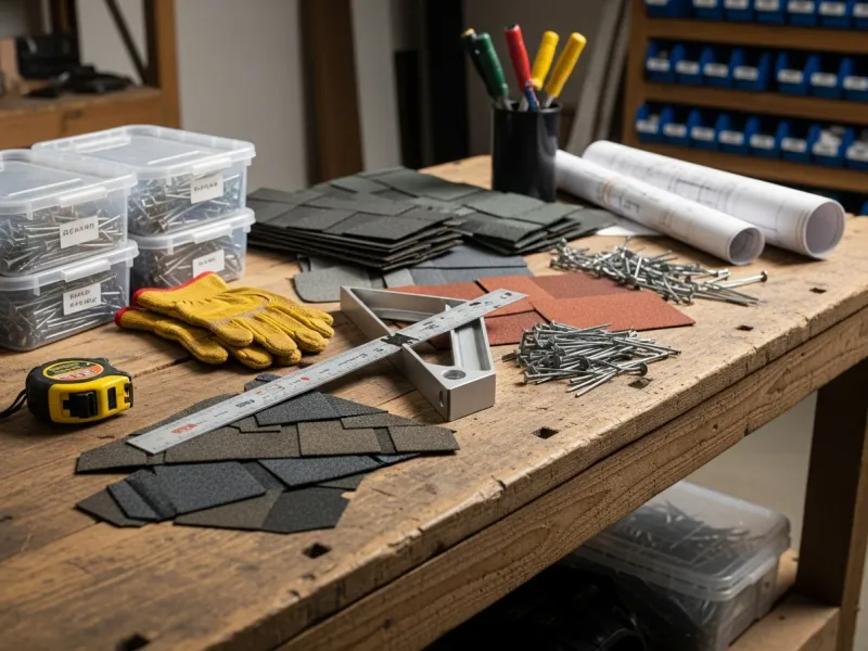 Professional roofing and exterior installation tools and materials staged on a work surface, representing quality craftsmanship and contractor readiness.