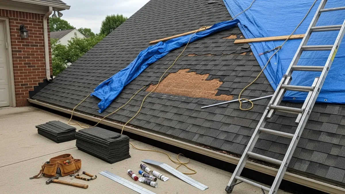 A Lake Ridge, VA roofing contractor repairing storm-damaged shingles on a residential split-level home after a wind event. Missing shingles and exposed roof decking are visible along the damaged section awaiting repair.