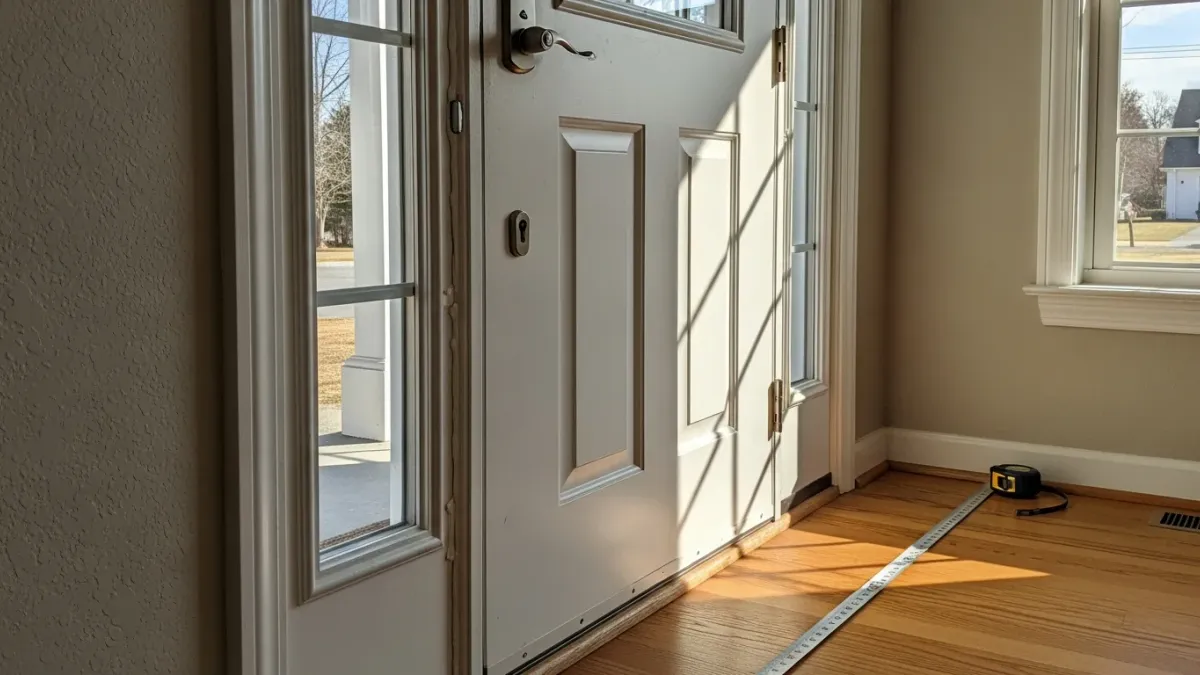 A newly installed entry door on a Colonial Revival single-family home in Lake Ridge, VA, with a clean frame, finished threshold, and updated exterior trim. The door fits flush with no visible gaps along the frame or weatherstripping.
