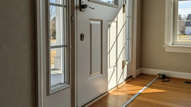 A newly installed entry door on a Colonial Revival single-family home in Lake Ridge, VA, with a clean frame, finished threshold, and updated exterior trim. The door fits flush with no visible gaps along the frame or weatherstripping.