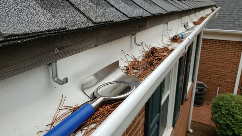 A gutter inspector examining the downspout connection and hanger brackets on a split-level home in Lake Ridge, VA. Debris buildup and a separating gutter seam are visible along the roofline.
