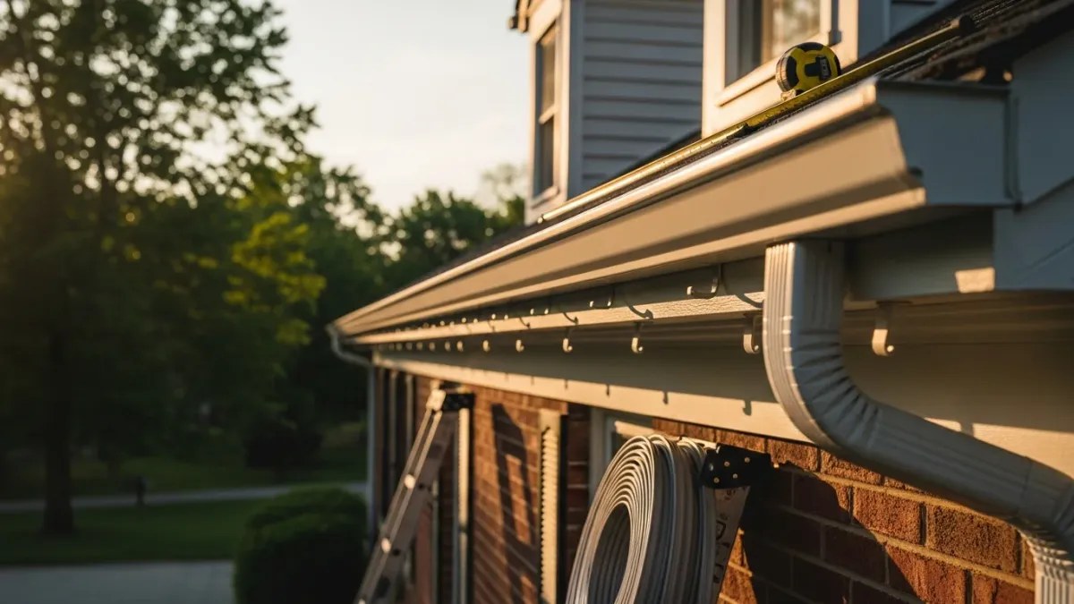 Newly installed gutters on a split-level home in Lake Ridge, VA, with clean downspouts directing water away from the foundation. The home sits on a tree-lined residential street typical of Prince William County neighborhoods.