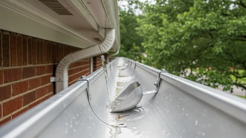 A gutter technician clearing packed leaf debris from a residential gutter on a split-level home in Lake Ridge, VA. The downspout runs along the brick exterior with mature trees visible in the background.