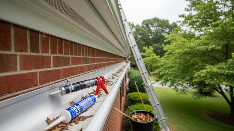 A repaired gutter section on a Colonial-style home in Lake Ridge, VA, with a secured hanger, sealed joint, and clear downspout directing water away from the foundation. Close-up view shows a clean, properly pitched aluminum gutter against a painted fascia board.