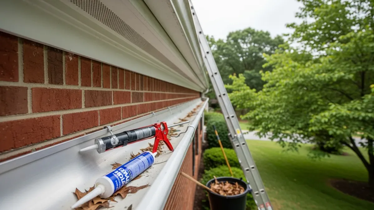 A repaired gutter section on a Colonial-style home in Lake Ridge, VA, with a secured hanger, sealed joint, and clear downspout directing water away from the foundation. Close-up view shows a clean, properly pitched aluminum gutter against a painted fascia board.