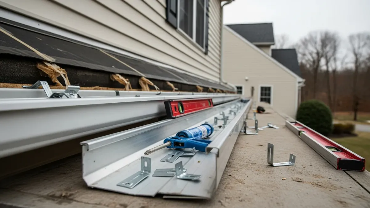 Newly installed gutters on a colonial-style single-family home in Lake Ridge, VA, with clean downspouts running along the exterior wall. The replacement system is fully secured to the fascia with no visible gaps or sagging sections.