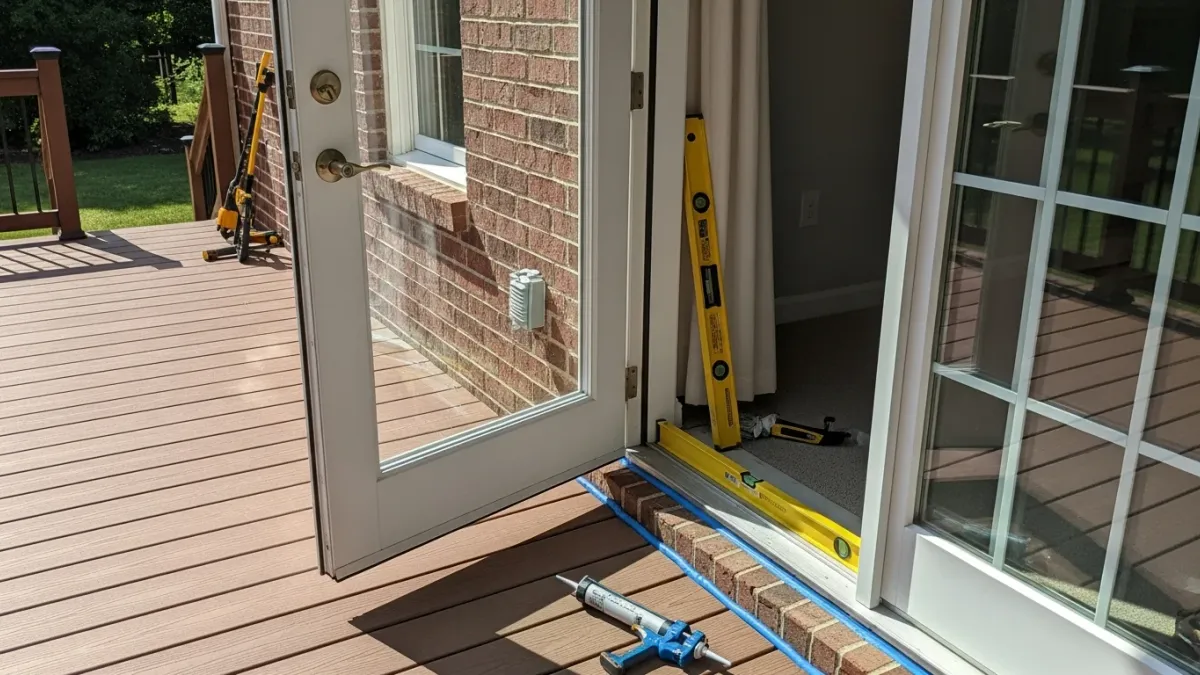 A newly installed sliding patio door on the back of a Colonial-style home in Lake Ridge, VA, with a clean aluminum frame and clear glass panel overlooking a wood deck. The door frame is flush with the surrounding siding, showing a finished installation by Anchor Remodeling.