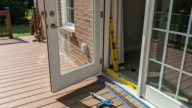 A newly installed sliding patio door on the back of a Colonial-style home in Lake Ridge, VA, with a clean aluminum frame and clear glass panel overlooking a wood deck. The door frame is flush with the surrounding siding, showing a finished installation by Anchor Remodeling.