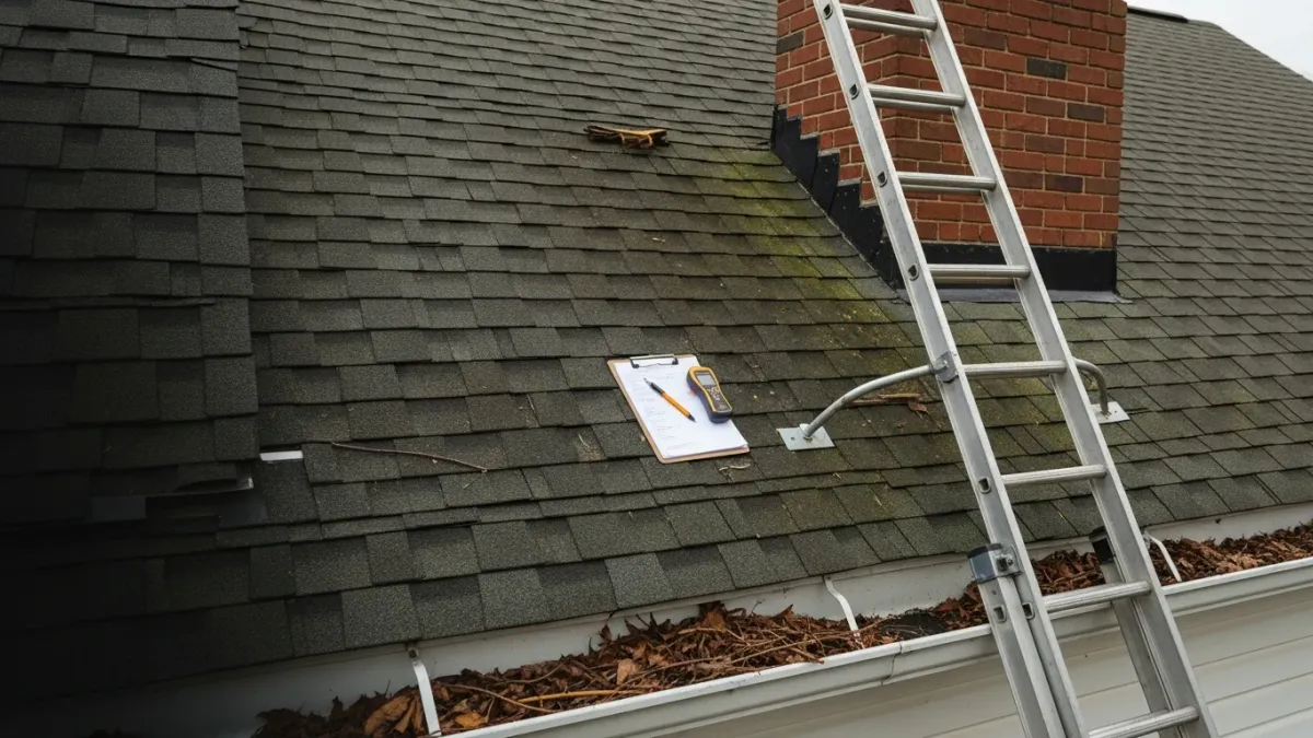 A roofing contractor from Anchor Remodeling inspecting shingles and flashing on a residential home in Lake Ridge, VA. The inspector documents findings on a split-level home typical of the Prince William County area.
