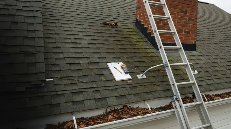 A roofing contractor from Anchor Remodeling inspecting shingles and flashing on a residential home in Lake Ridge, VA. The inspector documents findings on a split-level home typical of the Prince William County area.
