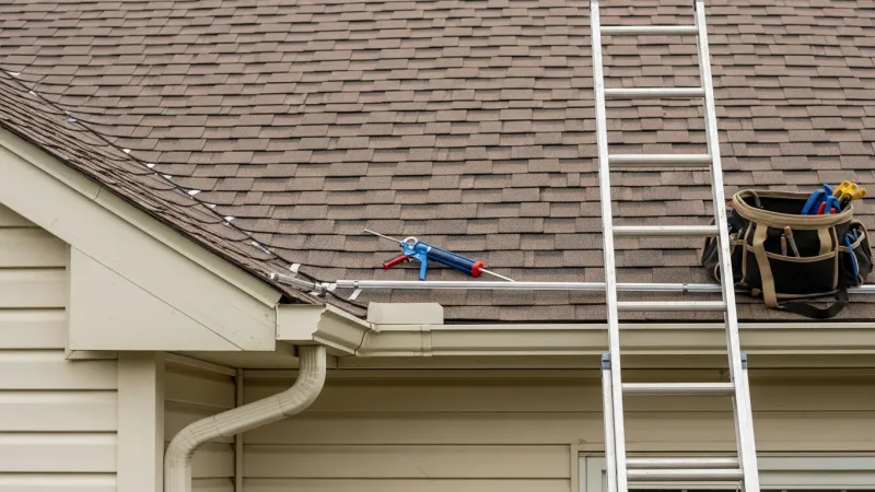 A roofing contractor from Anchor Remodeling inspecting shingles and flashing on a residential split-level home in Lake Ridge, VA. Close-up view shows a hands-on roof maintenance check on an established suburban home in Prince William County.
