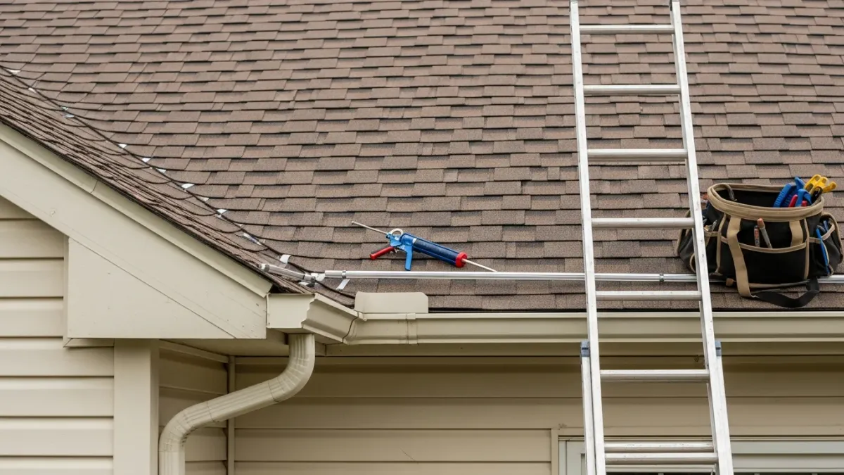 A roofing contractor from Anchor Remodeling inspecting shingles and flashing on a residential split-level home in Lake Ridge, VA. Close-up view shows a hands-on roof maintenance check on an established suburban home in Prince William County.