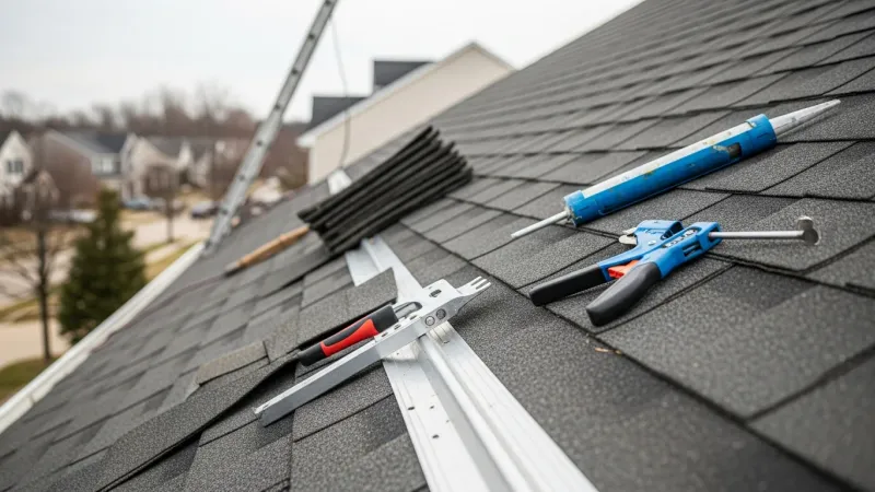 A roofing contractor repairing damaged shingles on a colonial-style home in Lake Ridge, VA. Close-up view shows replaced shingles and sealed flashing along the roof edge.
