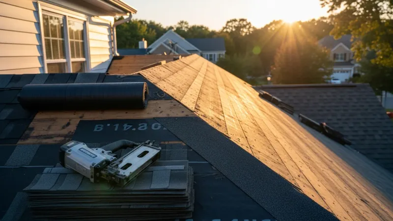 A completed residential roof replacement on a two-story home in Lake Ridge, VA, showing new shingles installed across the full roofline with clean ridge caps and updated flashing around the chimney.