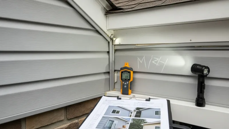 A siding contractor inspecting the exterior panels of a residential home in Lake Ridge, VA, checking for cracks, warping, and moisture damage along the siding and roofline connection.