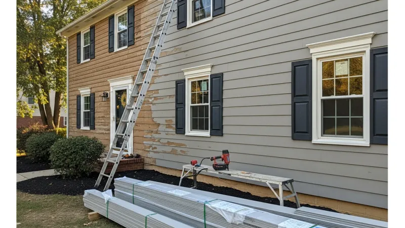 Freshly installed siding on a split-level home in Lake Ridge, VA, showing clean panel lines and updated exterior trim. The home sits in a suburban Prince William County neighborhood with mature trees visible in the background.