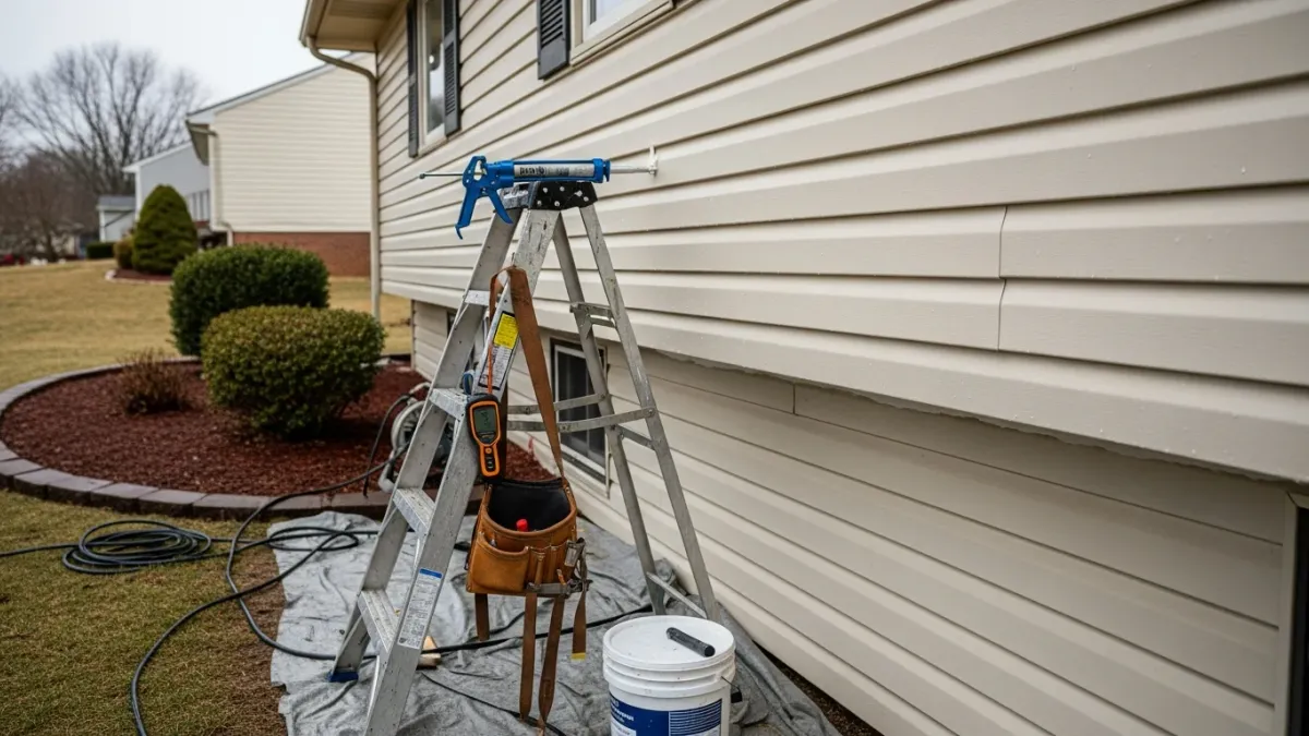 A siding contractor inspecting and re-fastening panels on a split-level home in Lake Ridge, VA. Close-up view shows sealed caulk lines and clean siding on a residential exterior in a Prince William County neighborhood.