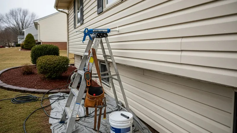 A siding contractor inspecting and re-fastening panels on a split-level home in Lake Ridge, VA. Close-up view shows sealed caulk lines and clean siding on a residential exterior in a Prince William County neighborhood.