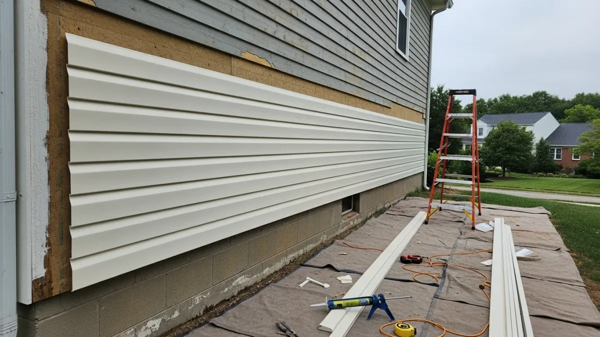 A Lake Ridge, VA home exterior showing freshly repaired siding panels along the front facade, with matched sections replacing storm-damaged areas on a single-family home. Close-up view highlights the clean seam between repaired and original siding on a Northern Virginia residential property.