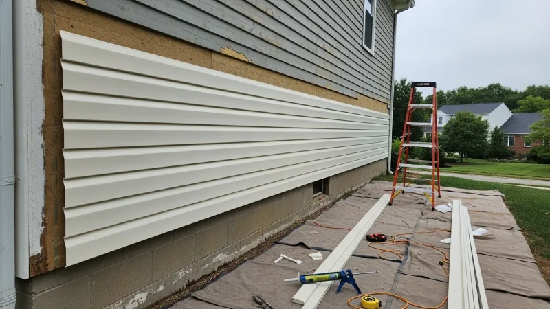A Lake Ridge, VA home exterior showing freshly repaired siding panels along the front facade, with matched sections replacing storm-damaged areas on a single-family home. Close-up view highlights the clean seam between repaired and original siding on a Northern Virginia residential property.