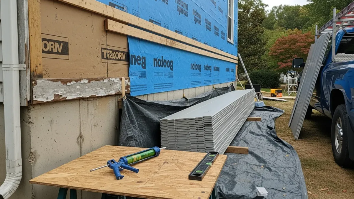 A Lake Ridge, VA split-level home with freshly installed exterior siding showing clean panel lines and updated trim. The replacement siding covers the full front and side elevations of the suburban home.