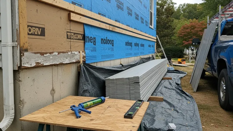 A Lake Ridge, VA split-level home with freshly installed exterior siding showing clean panel lines and updated trim. The replacement siding covers the full front and side elevations of the suburban home.