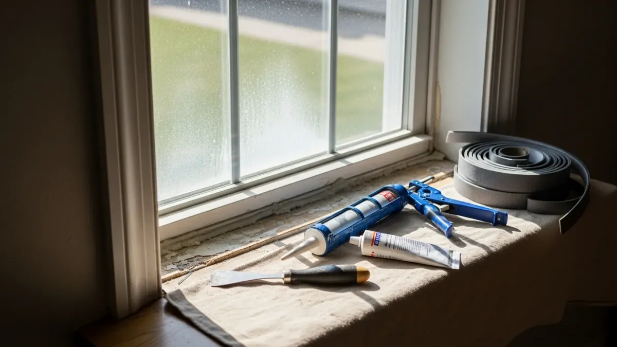 A window contractor repairing a weathered wooden frame on a townhouse in Lake Ridge, VA. The repaired window shows clean glass and a sealed frame typical of established Prince William County homes.