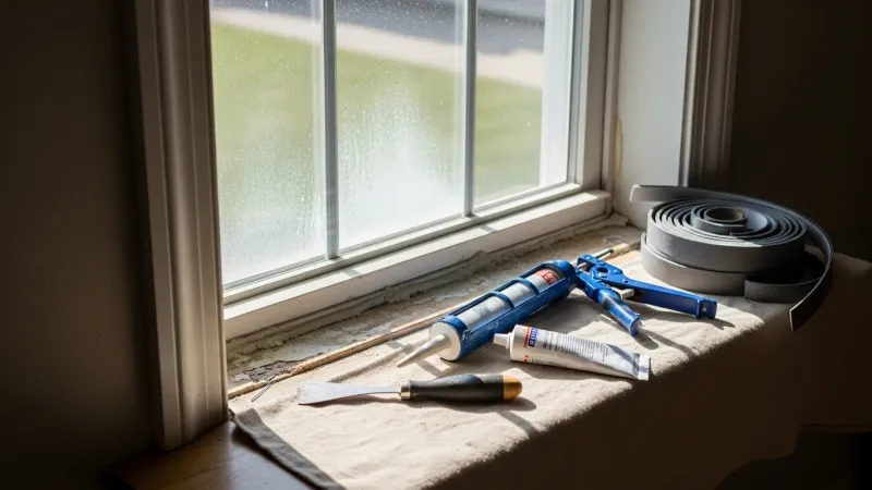 A window contractor repairing a weathered wooden frame on a townhouse in Lake Ridge, VA. The repaired window shows clean glass and a sealed frame typical of established Prince William County homes.
